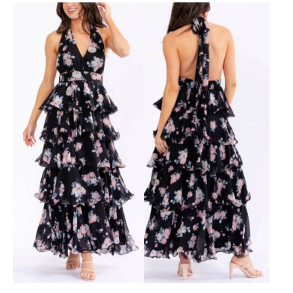 Mable Floral Print Tiered Ruffle Maxi Dress Halter Open Back Bridal Party Black
